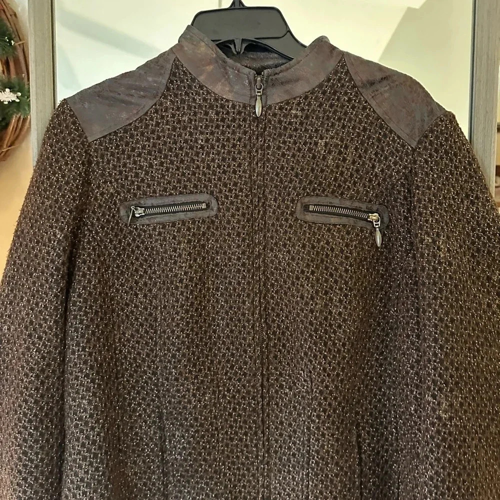 Chico's Brown Metallic Tweed Full Zip Blazer Jacket Women's Size 2 - Picture 9 of 13